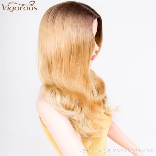 Vigorous Top Quality Long Ombre Dark Root To Blonde Wig Body Wavy Synthetic Wigs For White Women High Temperature